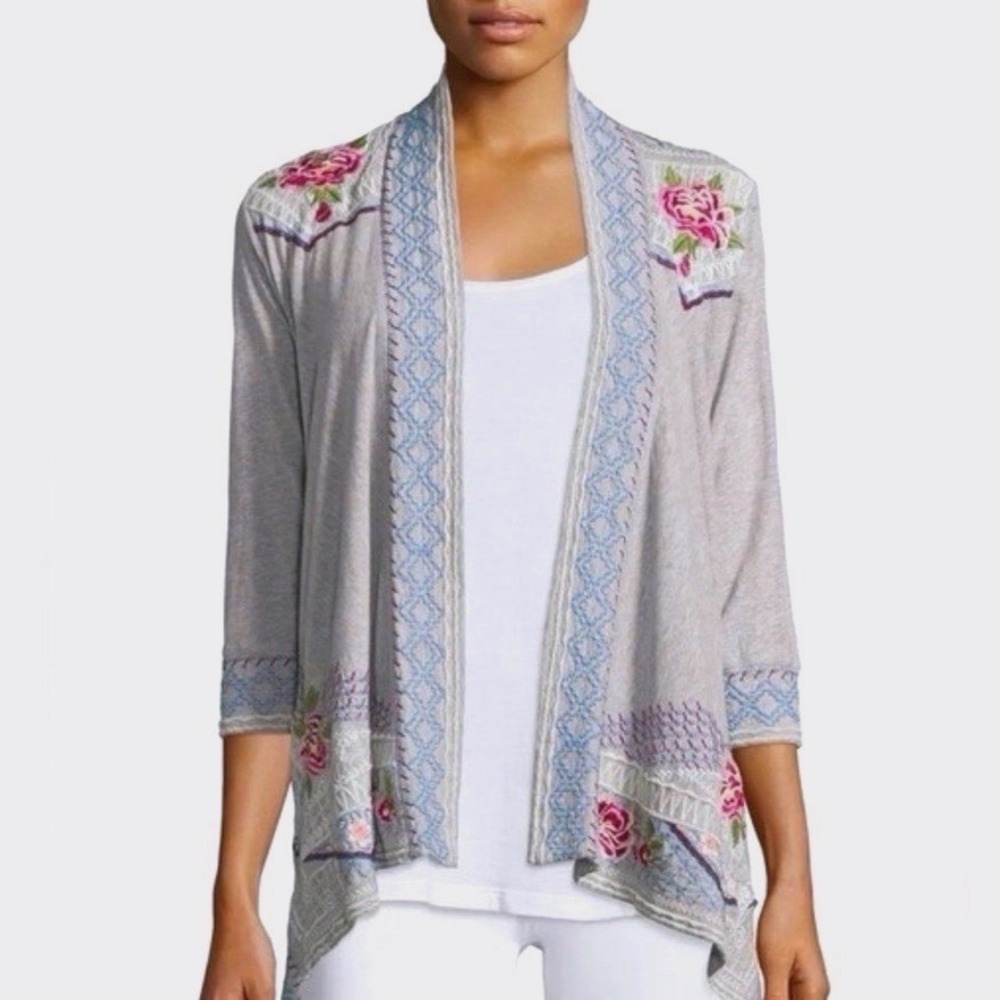 Johnny Was JW Los Angeles Gray Embroidered Floral Open Front Cardigan XL Boho